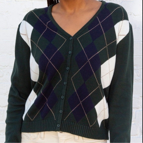 brandy melville argyle cardigan Green Navy Blue White One Size - Picture 1 of 8